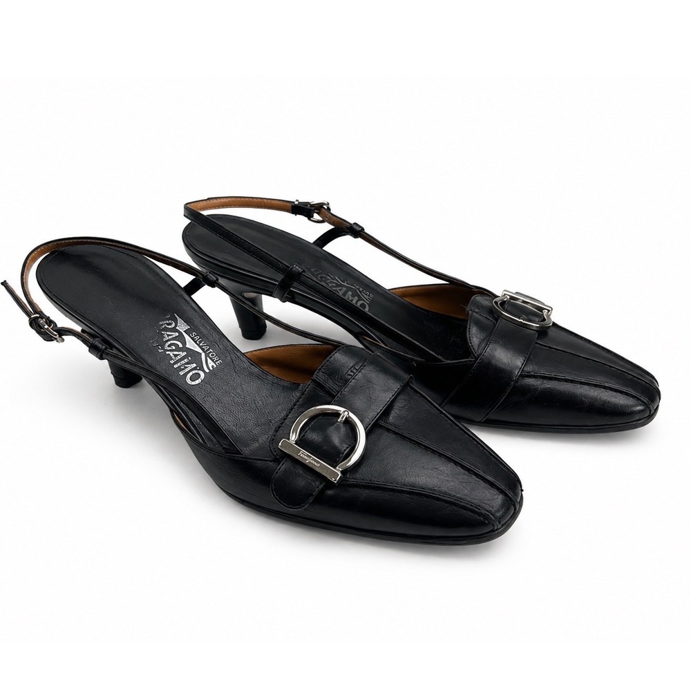 Salvatore Ferragamo Vintage Black Leather Slingback Kitten Heels Women's Size 6
